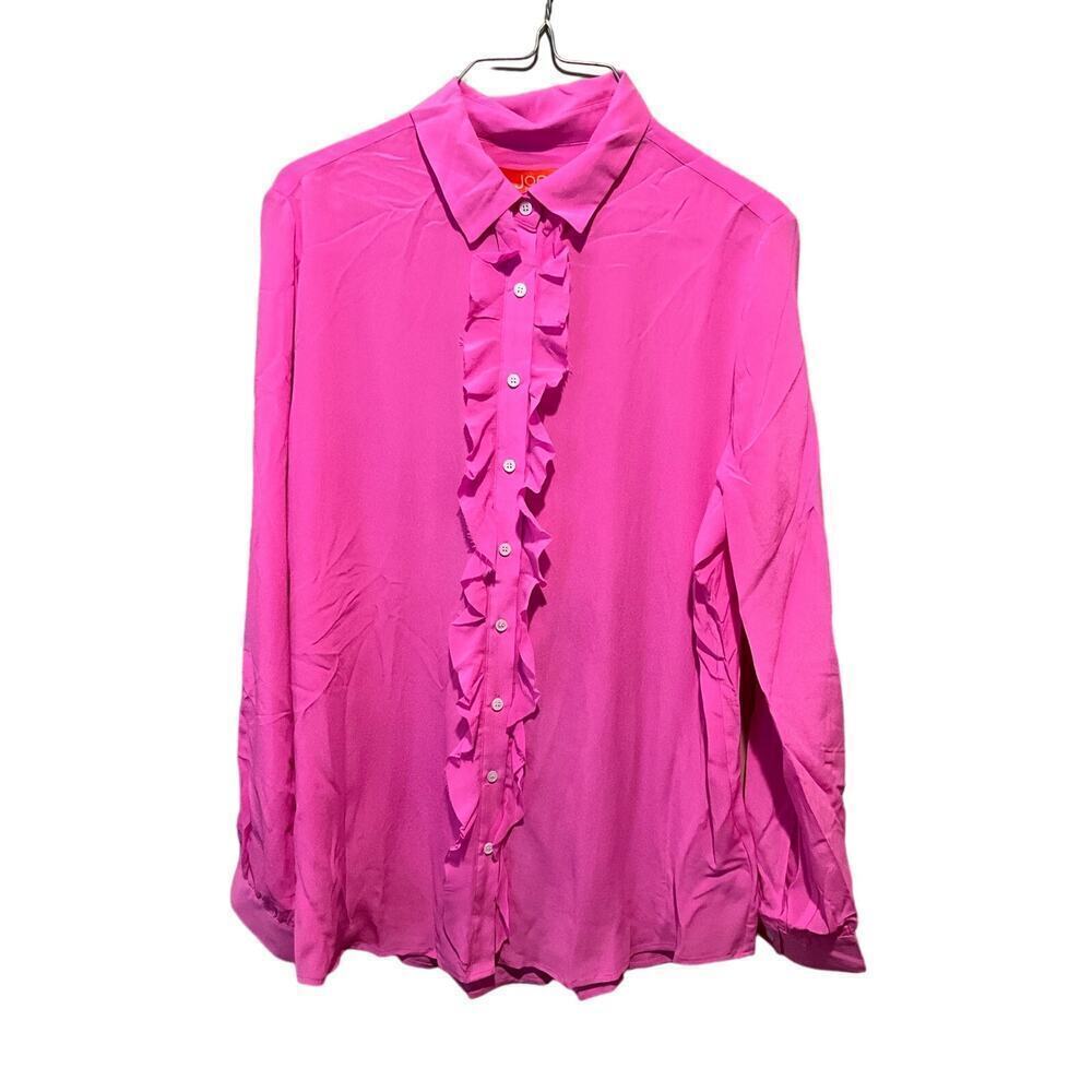 Joe Fresh‎ Ruffle Button-Up Shirt Women's Size L Pink Long Sleeve Collared Silk